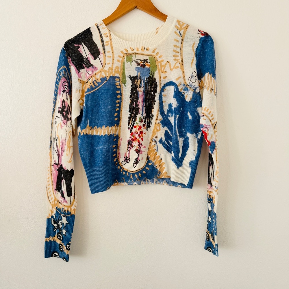 Desigual Linen Blend Blue Colorful Illustrated Pullover Linen Blend Sweater